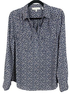 Lark & Ro Navy Blue & White Floral Button Henley Blouse Shirt Size 8